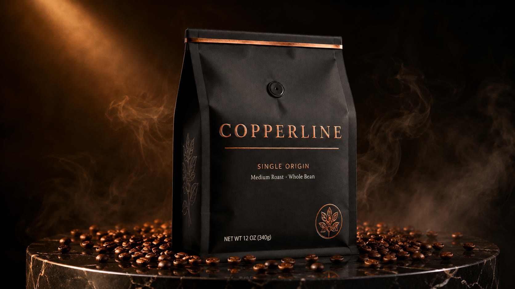 Copperline — single-origin bag on dark marble in a shaft of light, beans and smoke
