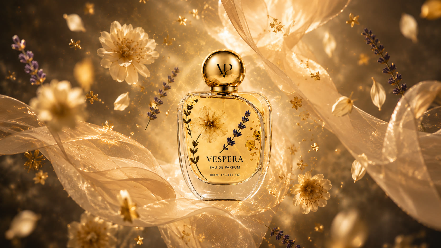 Vespera — pressed-flower perfume bottle amid gold-lit blooms and drifting organza