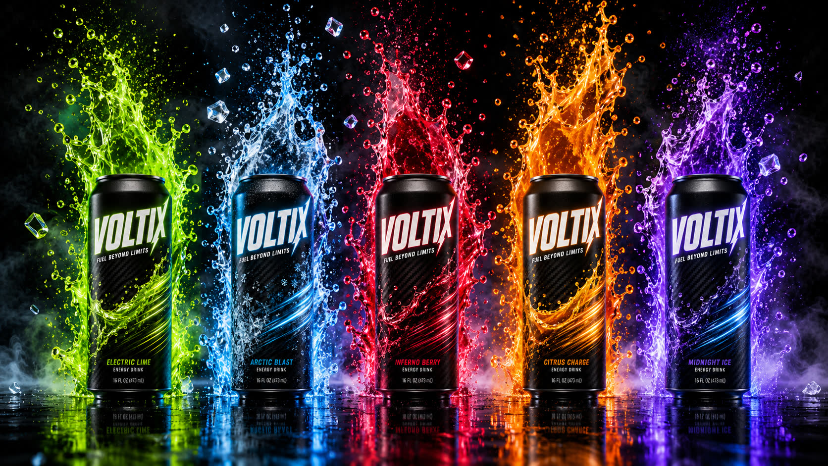 Voltix — the five-flavour lineup, each can in its own colour splash