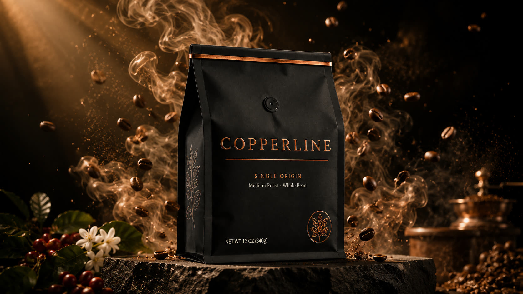 Copperline — single-origin bag lit from above in a shaft of light