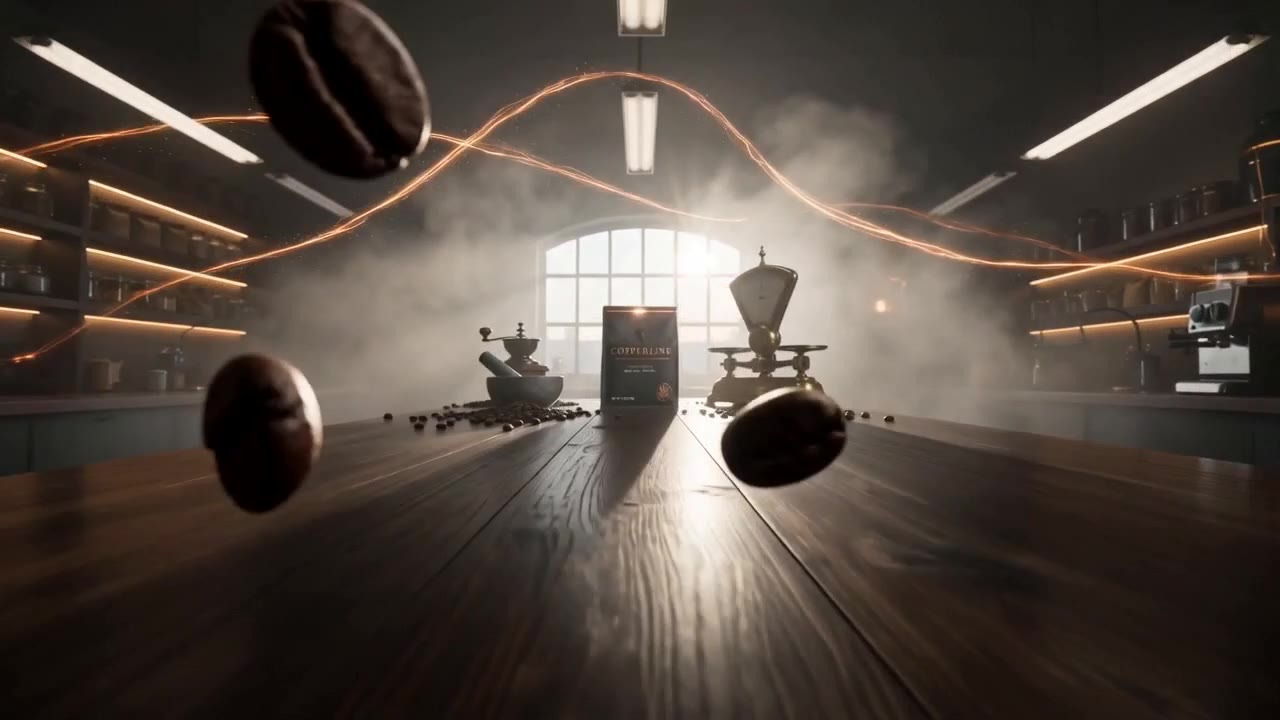 Copperline — coffee beans in flight over a workshop table in copper light