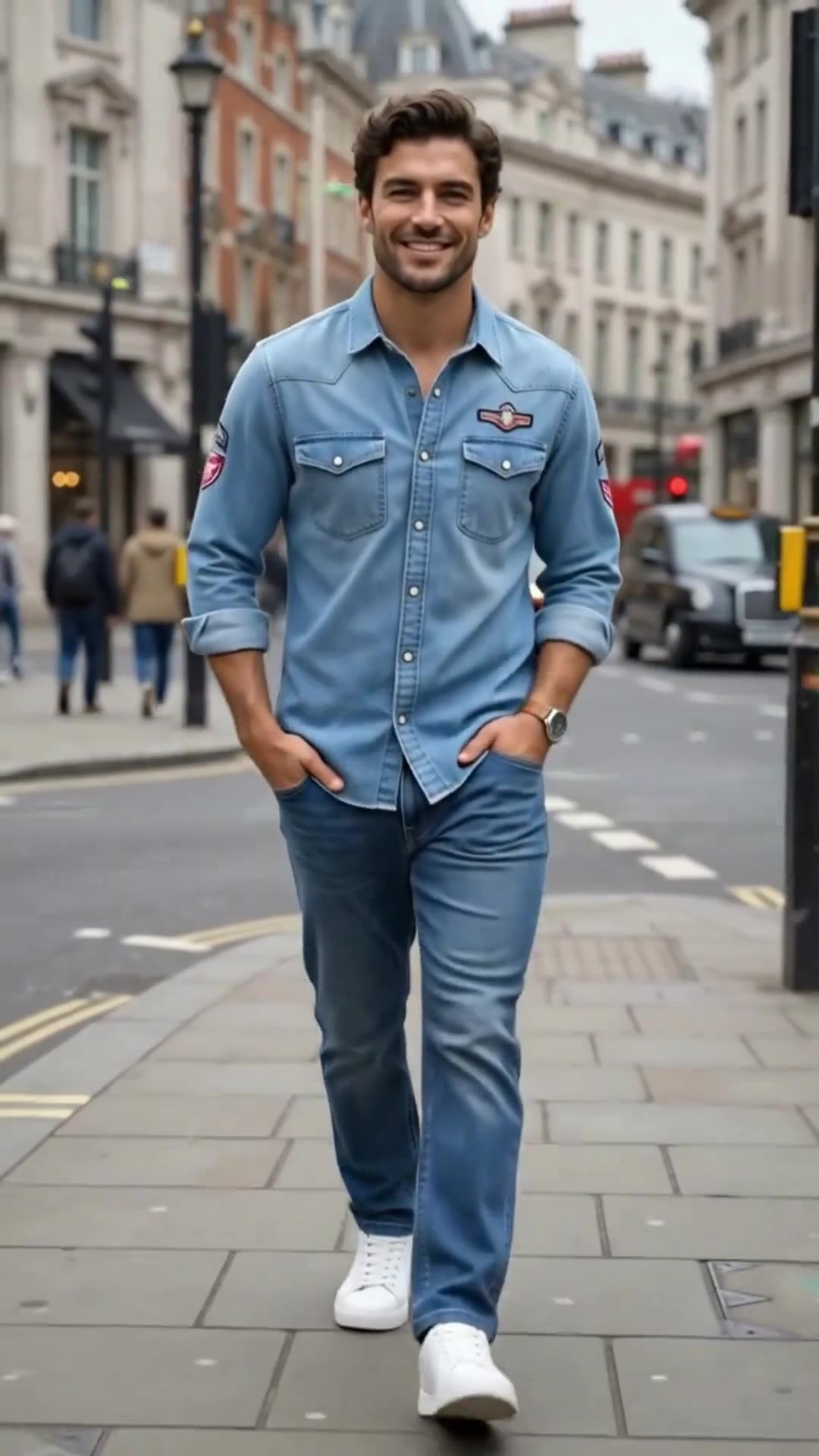 Elanor — model in a denim look walking a London street, vertical frame
