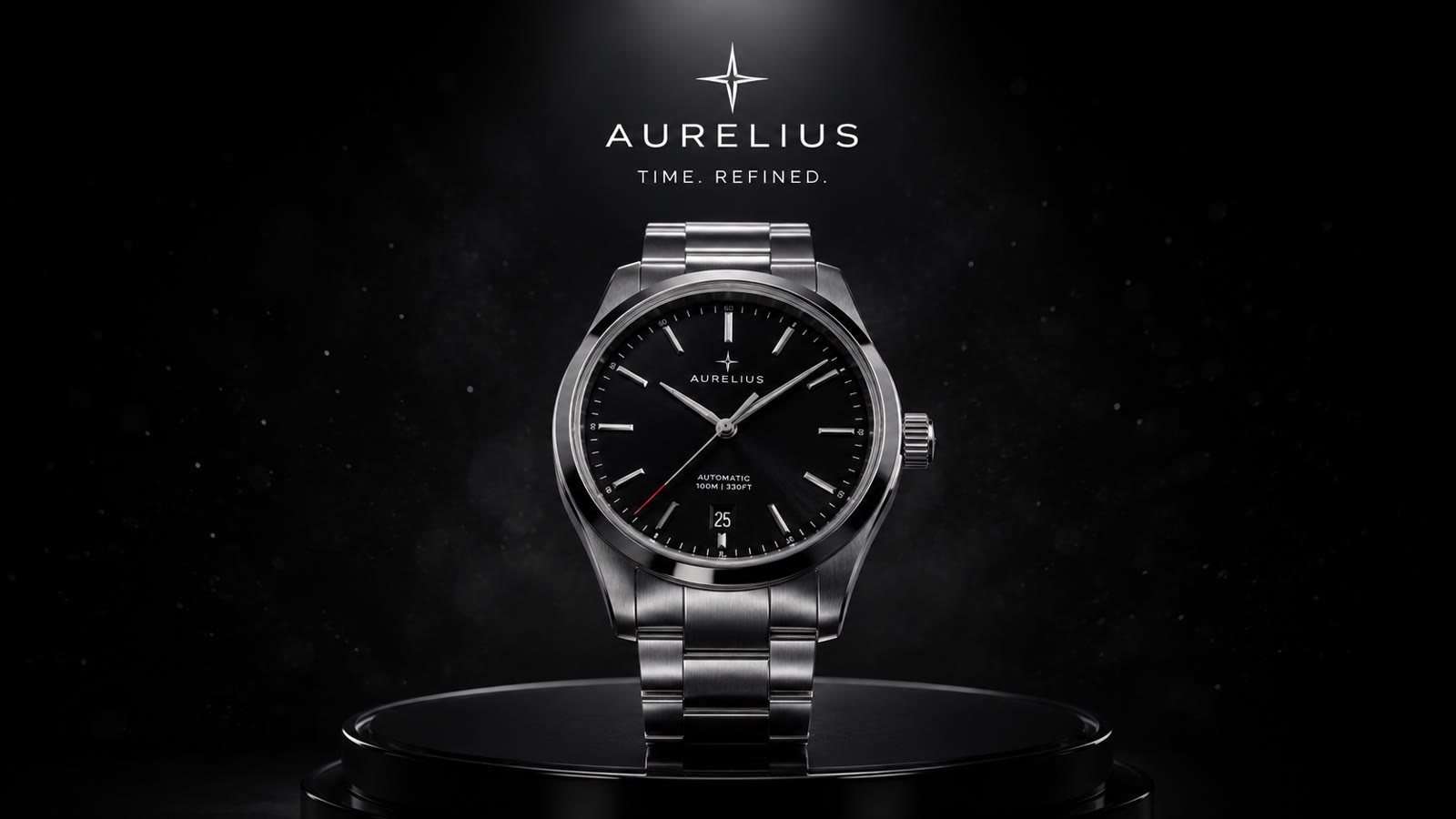 Aurelius — steel automatic watch on a black podium under a single spotlight