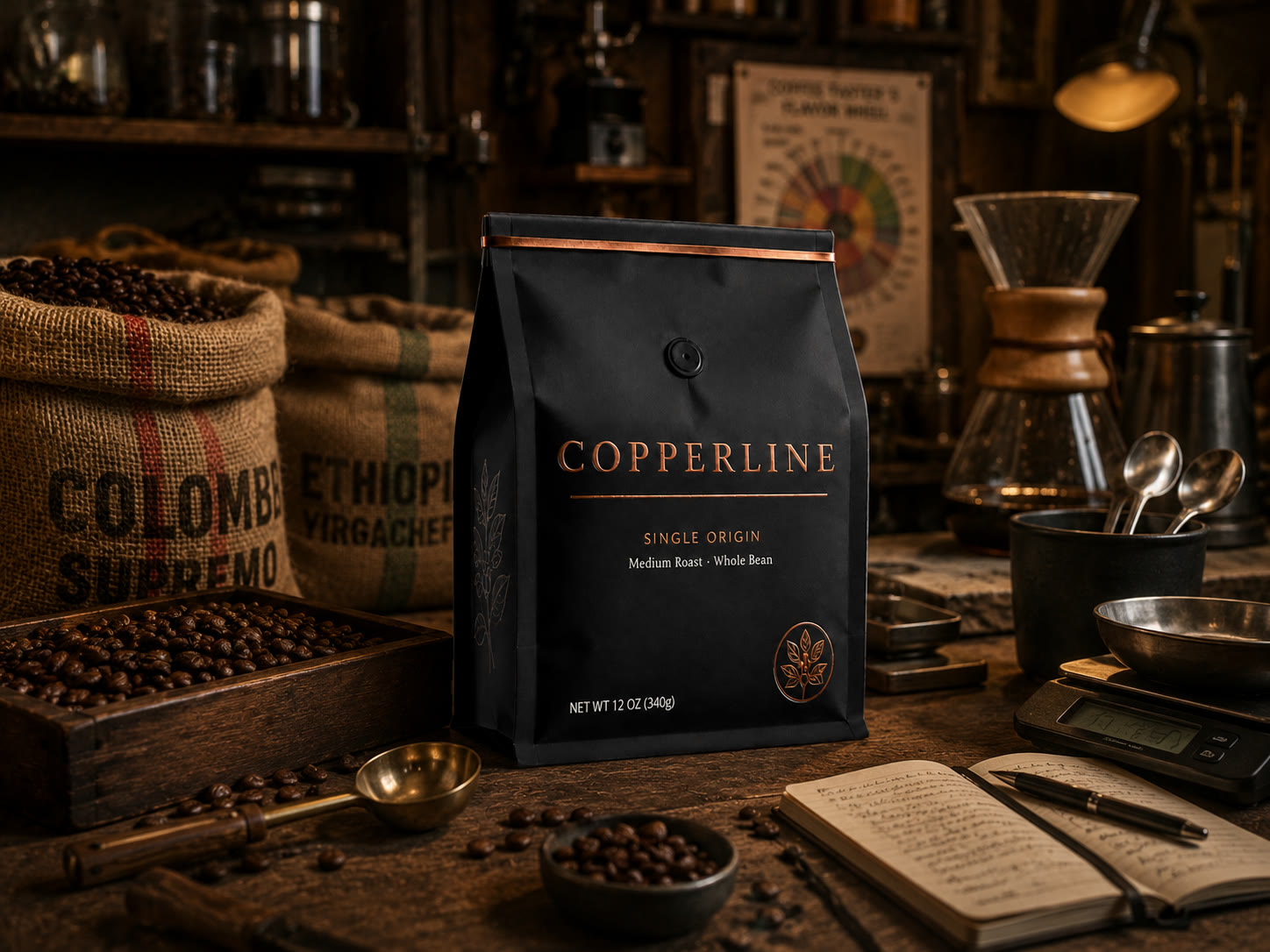 Copperline — matte black single-origin bag in a roastery still life