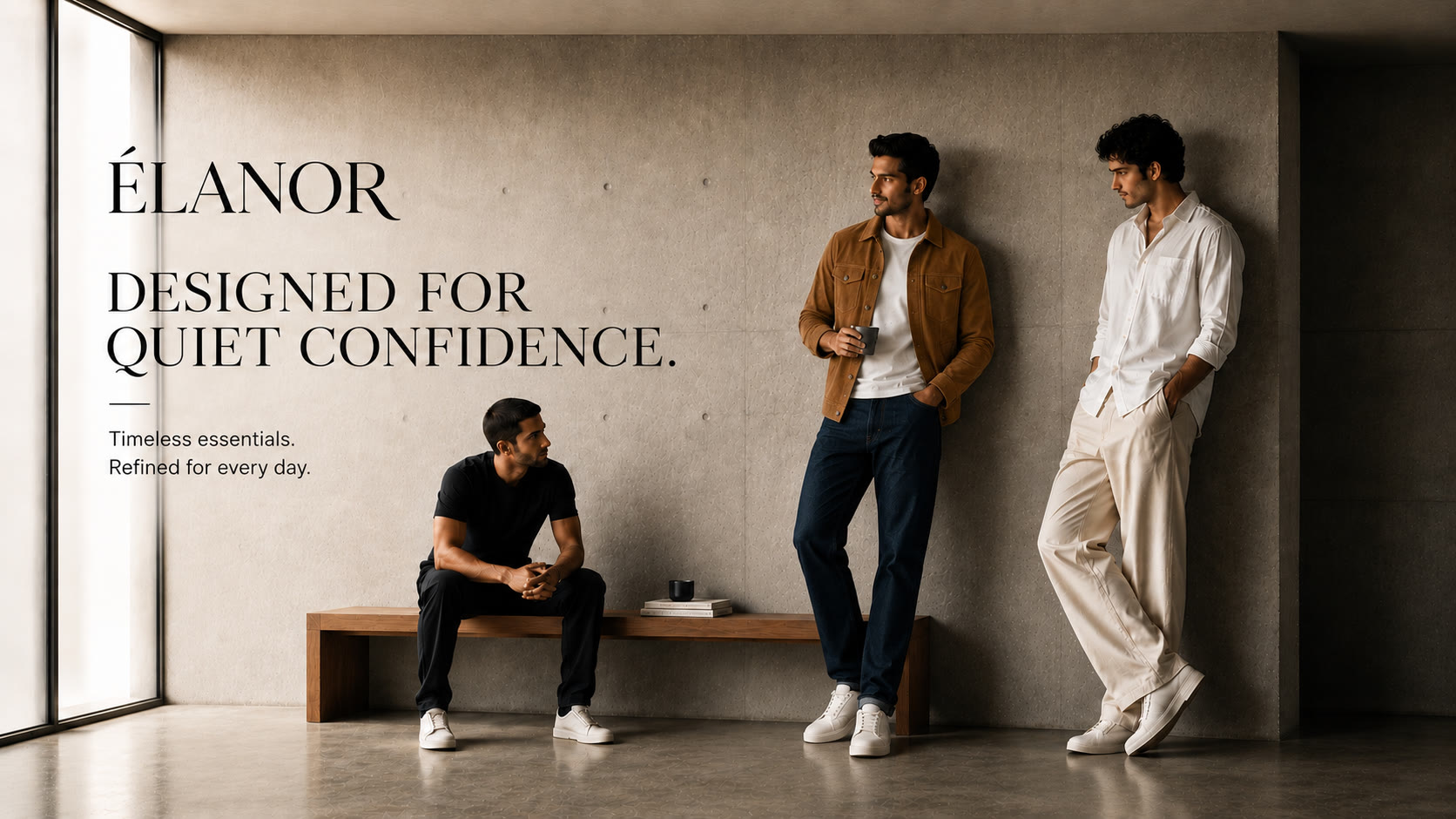 Elanor — three menswear looks against a concrete wall, lookbook frame