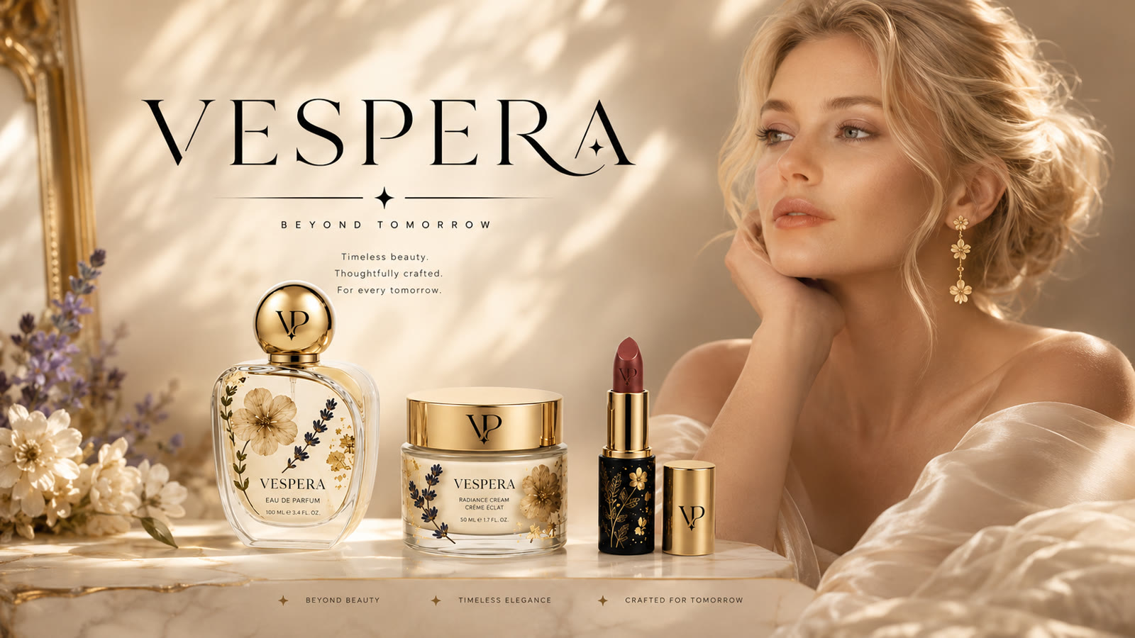 Vespera — full cosmetic line on marble beside a model in dusk light